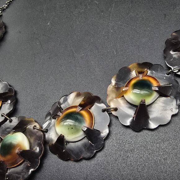 Vintage Operculum Cat Eye Shell Jewelry Set Necklace Bracelet Brown Green - Picture 5 of 12